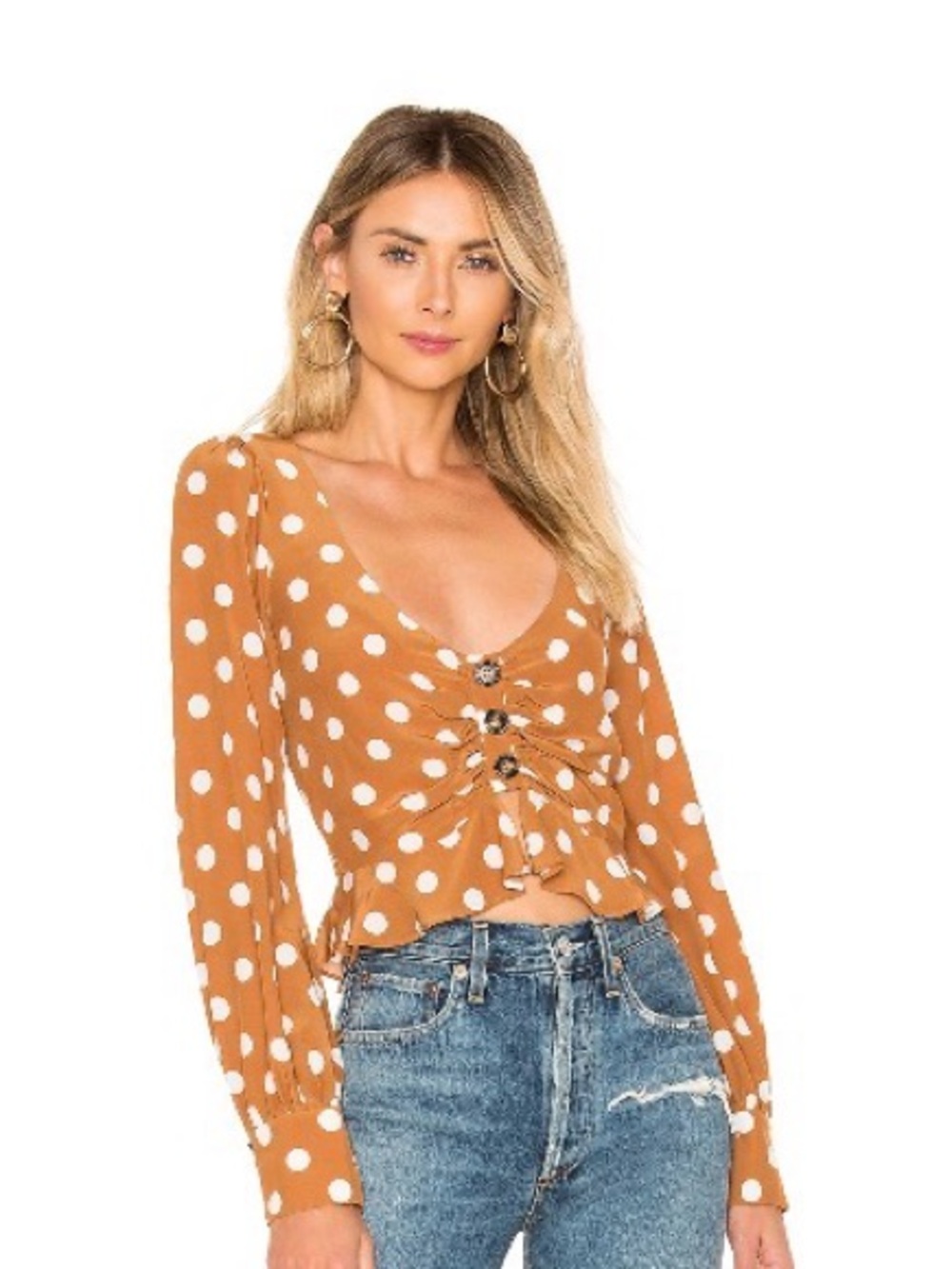 For love and Lemons Ruched Polka Dot Long-Sleeve Blouse - Tan/White